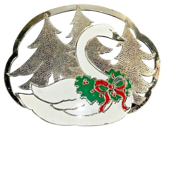 1987 William A. Rogers Silver Plated Enamel Christmas Holiday Swan Trivet 9.5"L - Picture 1 of 6